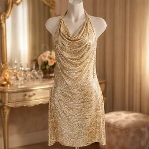 Vintage Hotkiss Glod Sequined Stretchy Sparkly Halter Midi Sexy Backless Dress L